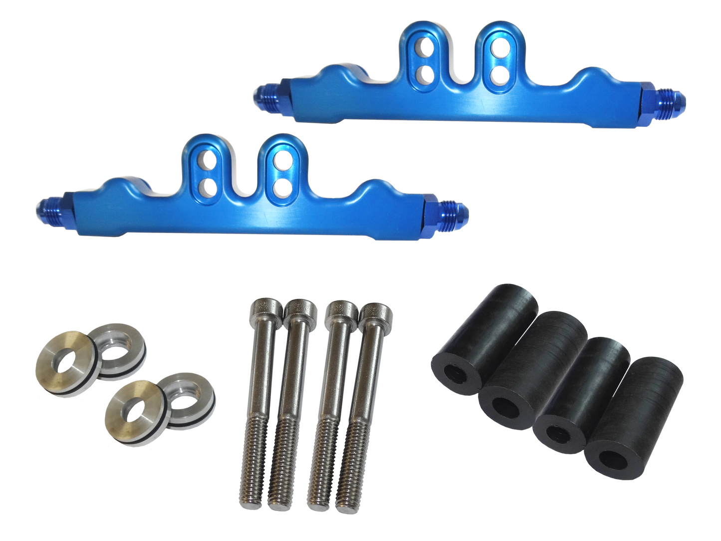 Side feed replacement rail for Subaru WRX 1, 2 and 3 models with low profile to allow maximum clearance to turbo inlet. Suitable for use with ASNU injectors